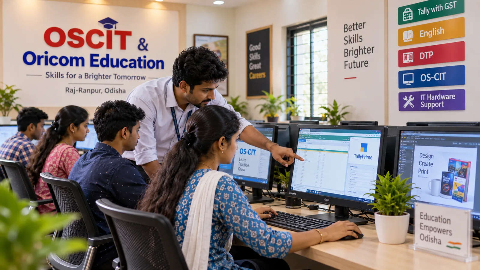 Instructor helping students during computer training